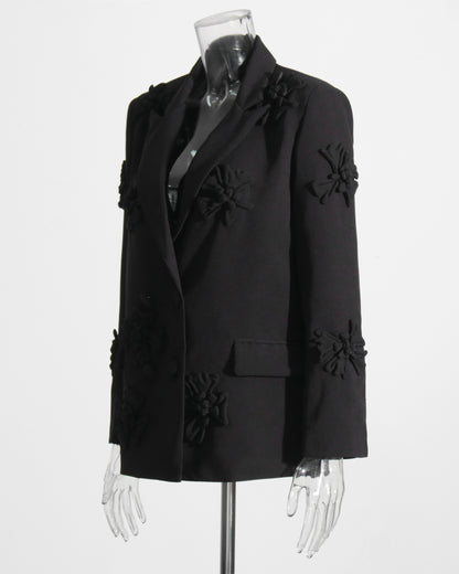 Black 3D Floral Double-Breasted Blazer