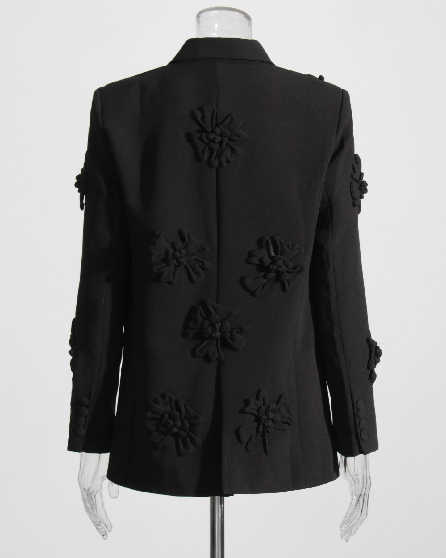 Black 3D Floral Double-Breasted Blazer