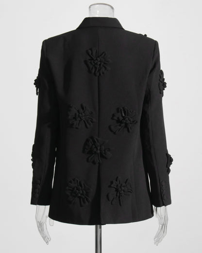 Black 3D Floral Double-Breasted Blazer