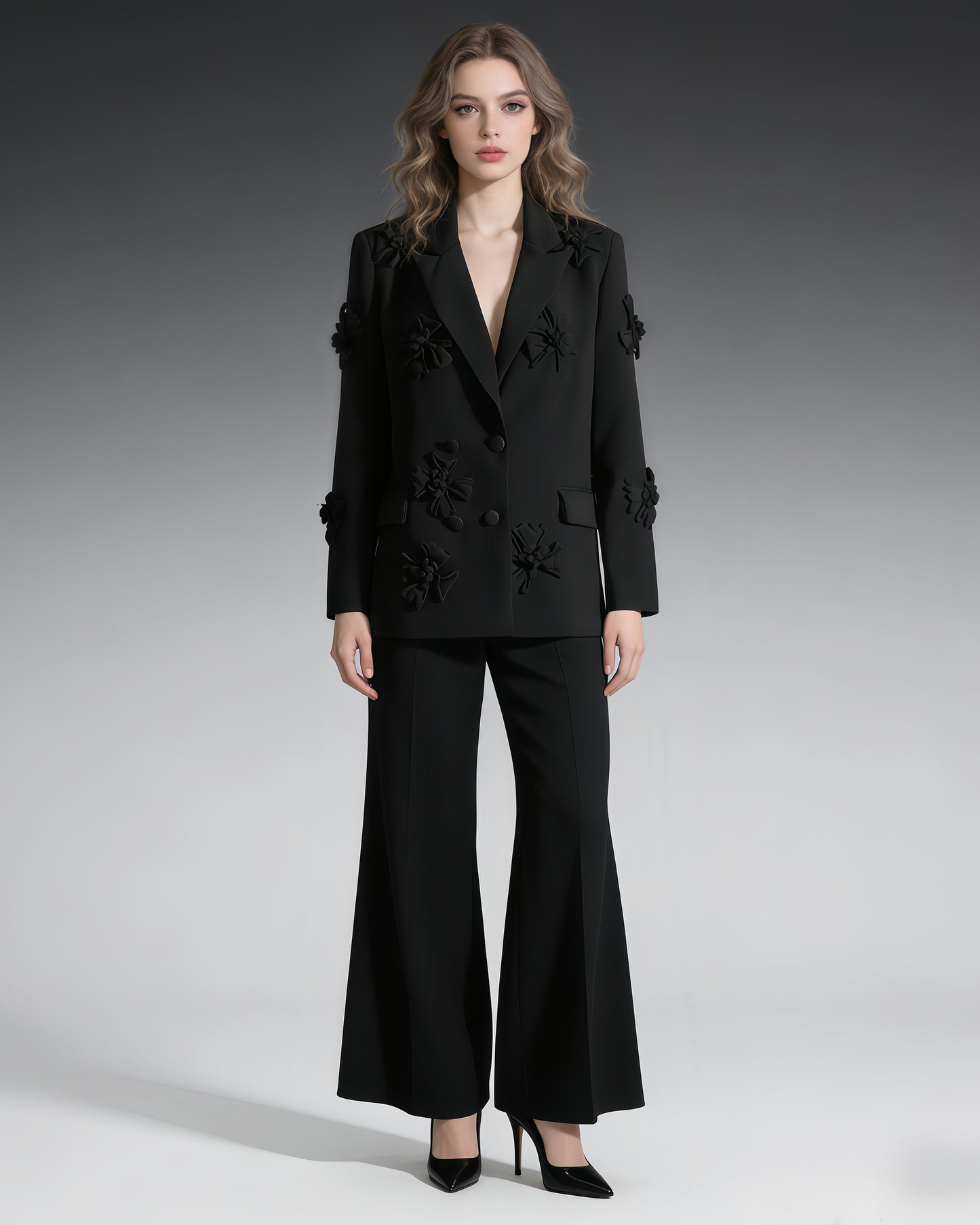 Black 3D Floral Double-Breasted Blazer