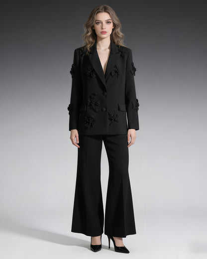 Black 3D Floral Double-Breasted Blazer