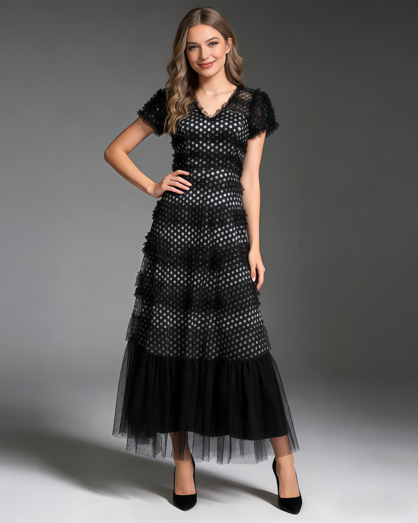 Black 3D Floral Ruffled Tulle Maxi Dress
