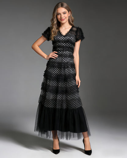 Black 3D Floral Ruffled Tulle Maxi Dress