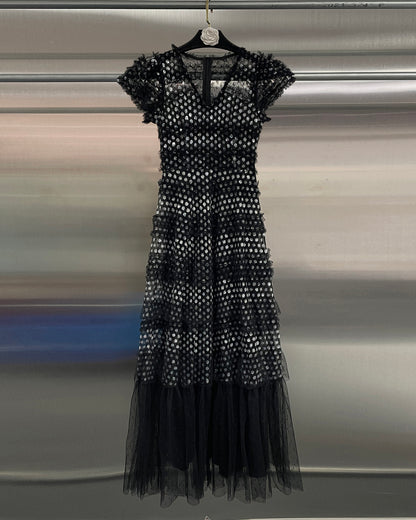 Black 3D Floral Ruffled Tulle Maxi Dress