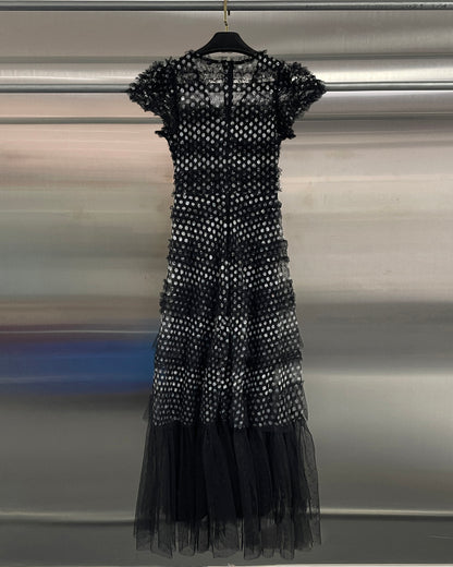 Black 3D Floral Ruffled Tulle Maxi Dress