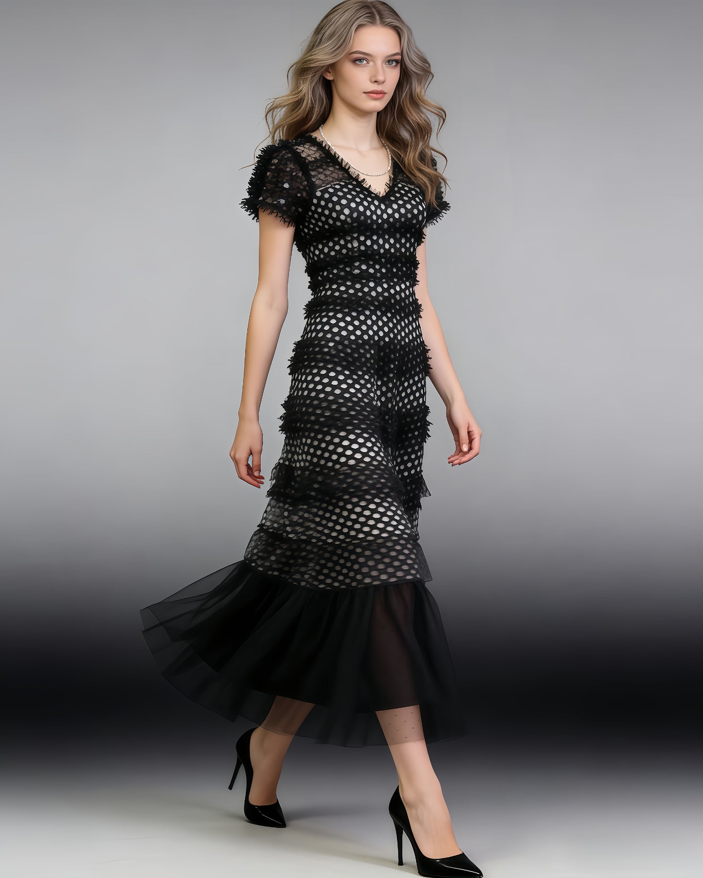 Black 3D Floral Ruffled Tulle Maxi Dress