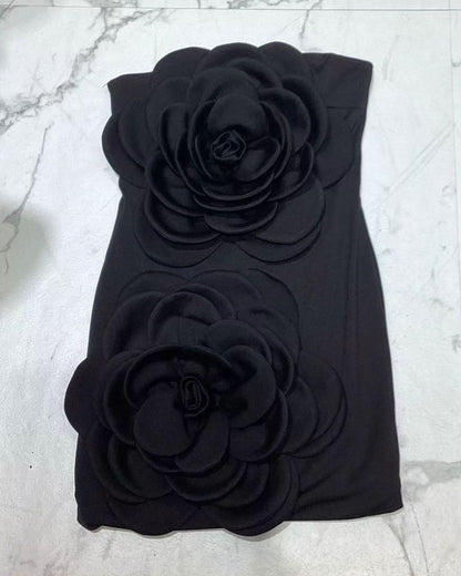 Black 3D Flower Strapless Mini Dress