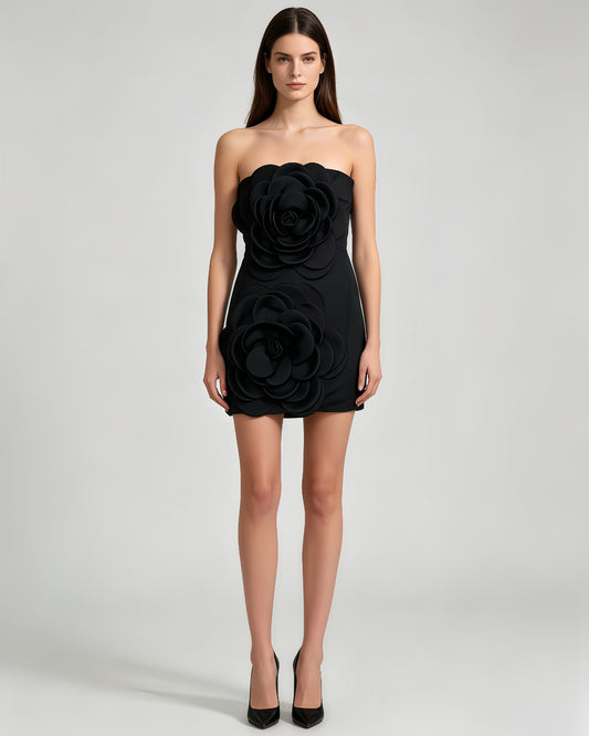 Black 3D Flower Strapless Mini Dress
