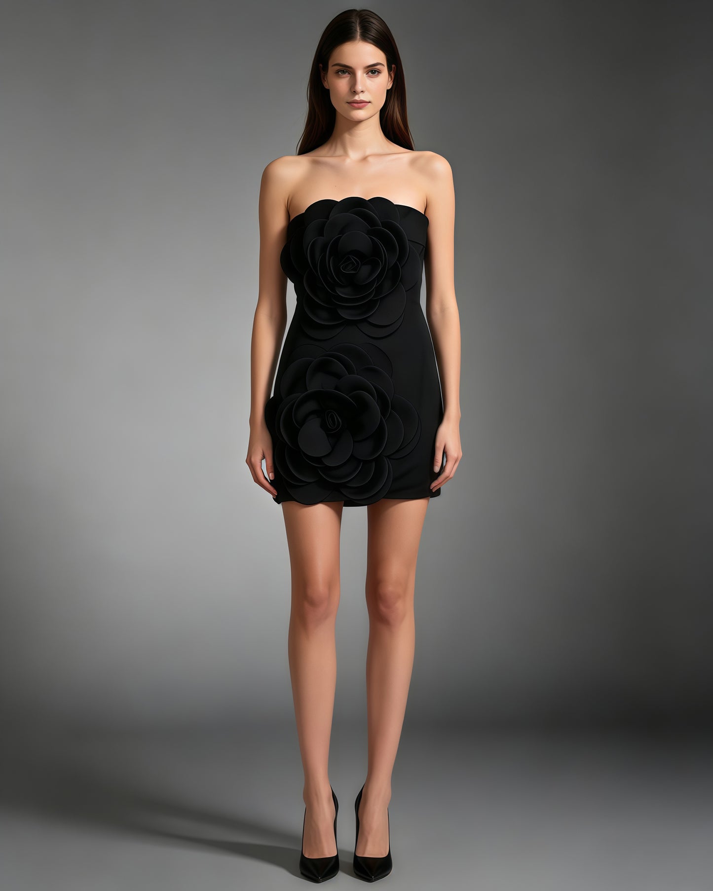 Black 3D Flower Strapless Mini Dress