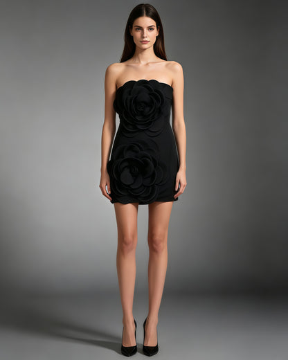 Black 3D Flower Strapless Mini Dress