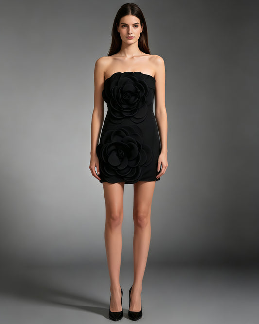 Black 3D Flower Strapless Mini Dress