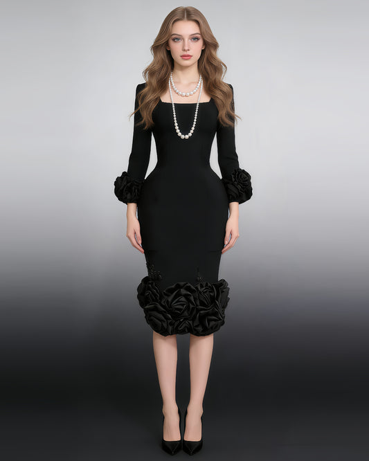 Black 3D Rose Floral Fitted Midi Dress