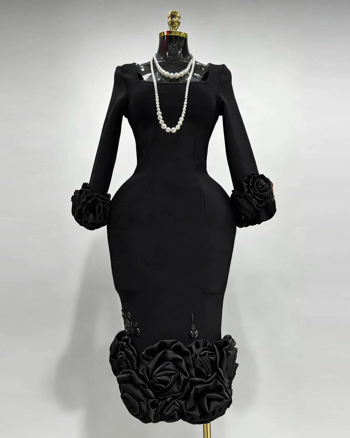 Black 3D Rose Floral Fitted Midi Dress