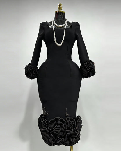 Black 3D Rose Floral Fitted Midi Dress