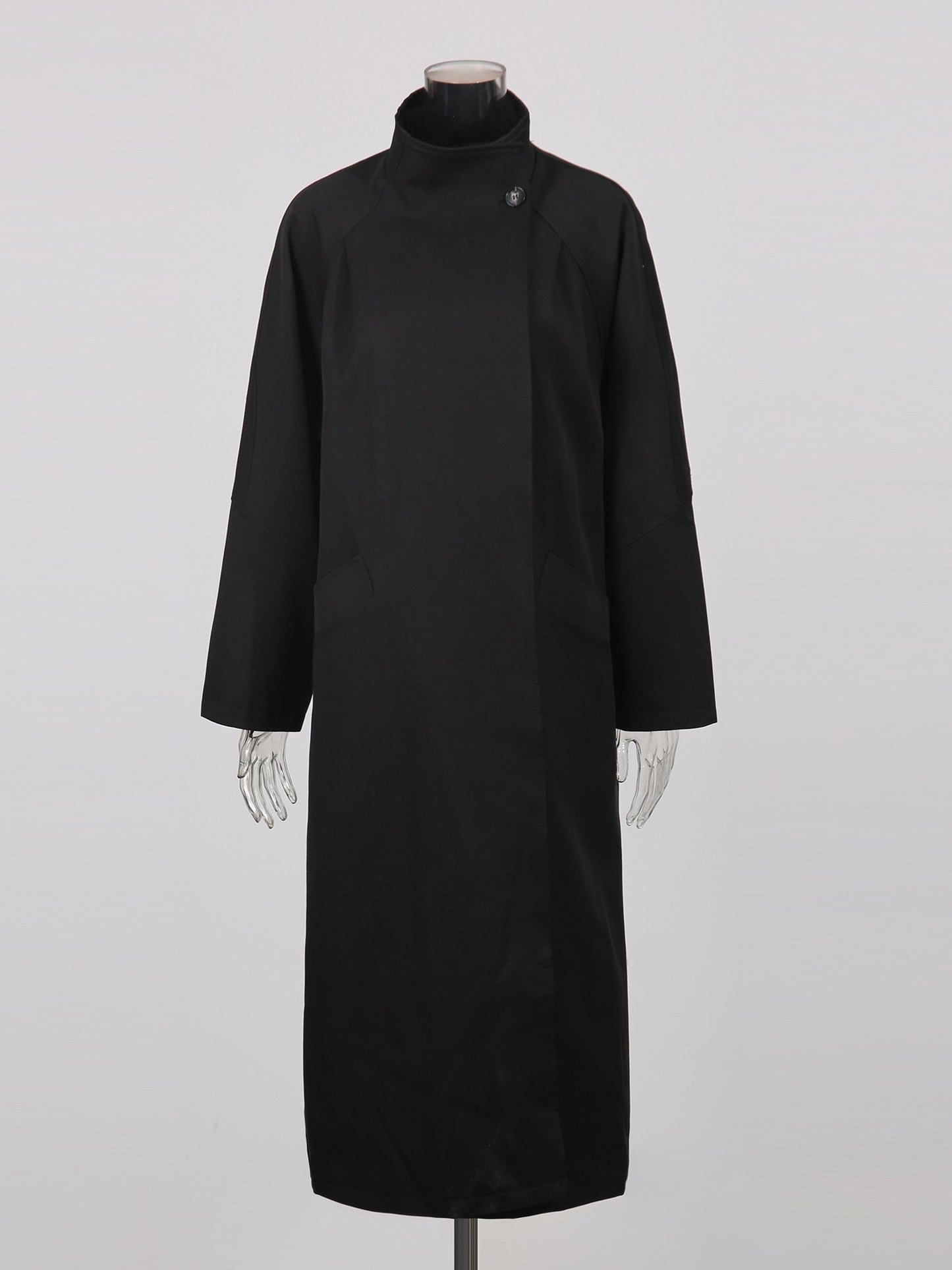 Black Asymmetric Long Coat with Stand Collar