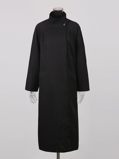 Black Asymmetric Long Coat with Stand Collar