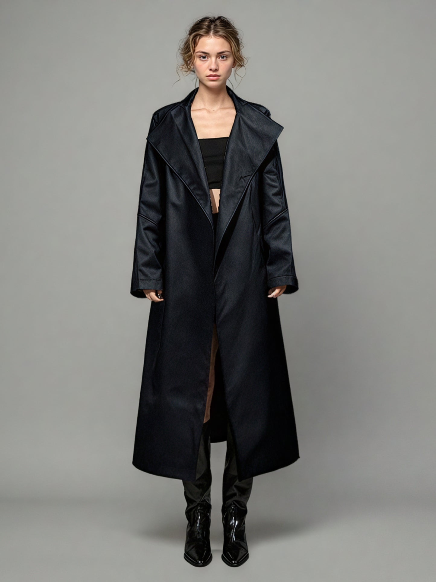Black Asymmetric Long Coat with Stand Collar