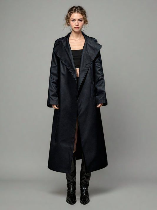 Black Asymmetric Long Coat with Stand Collar