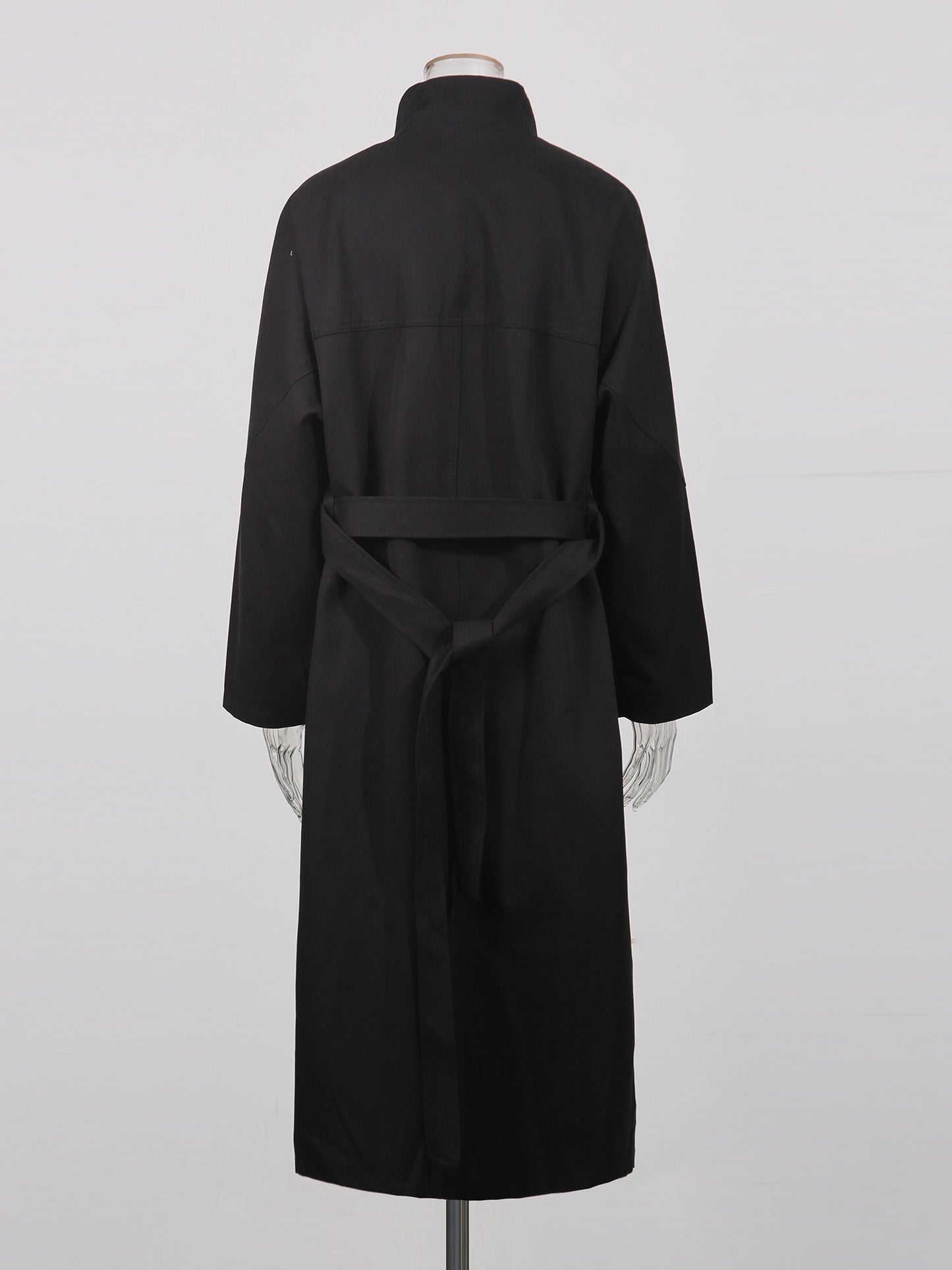 Black Asymmetric Long Coat with Stand Collar
