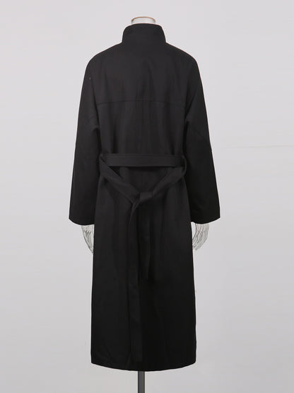 Black Asymmetric Long Coat with Stand Collar