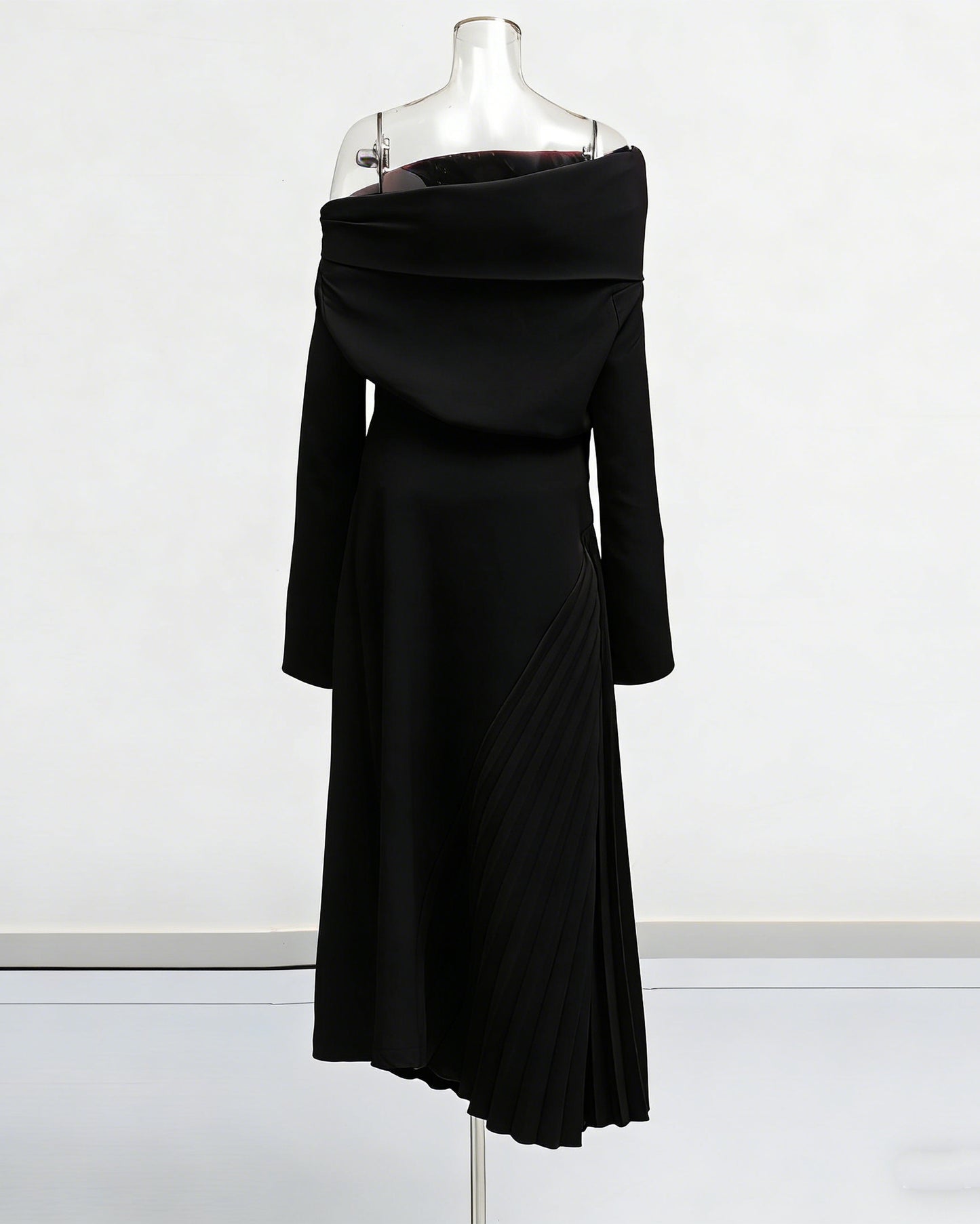 Black Asymmetric Off-Shoulder Pleated Maxi Dress