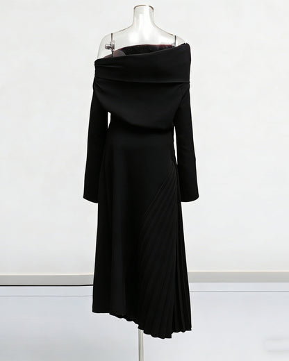 Black Asymmetric Off-Shoulder Pleated Maxi Dress