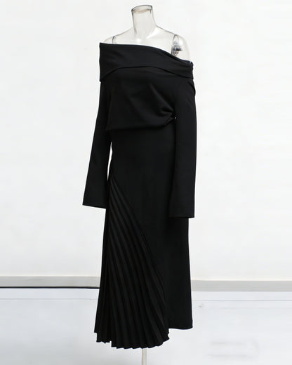 Black Asymmetric Off-Shoulder Pleated Maxi Dress