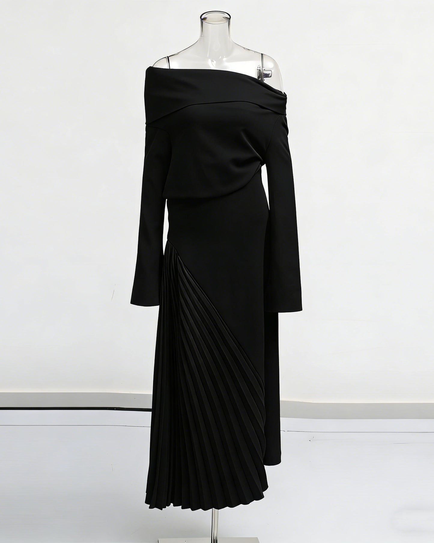Black Asymmetric Off-Shoulder Pleated Maxi Dress