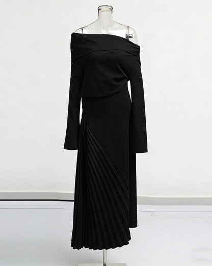 Black Asymmetric Off-Shoulder Pleated Maxi Dress