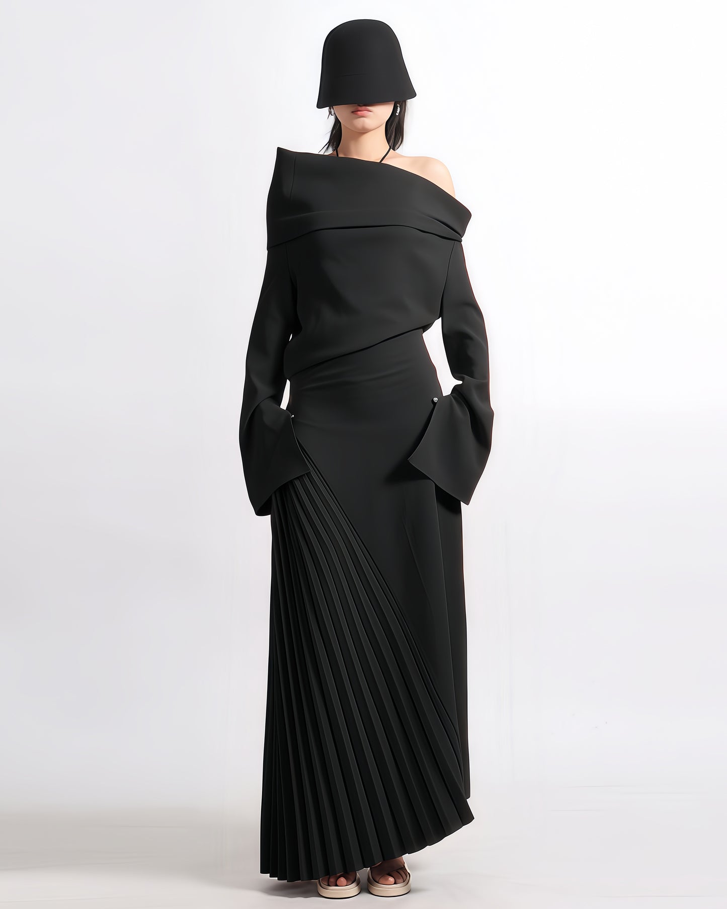 Black Asymmetric Off-Shoulder Pleated Maxi Dress