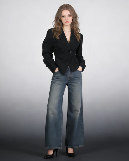 Black Asymmetric Ruched Blazer