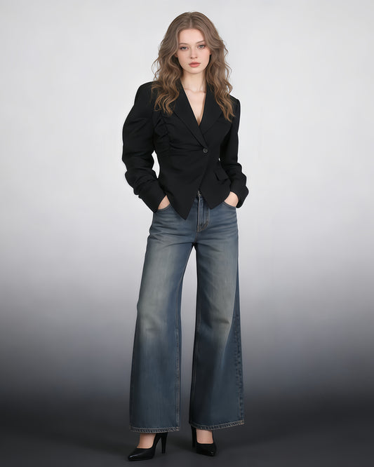 Black Asymmetric Ruched Blazer