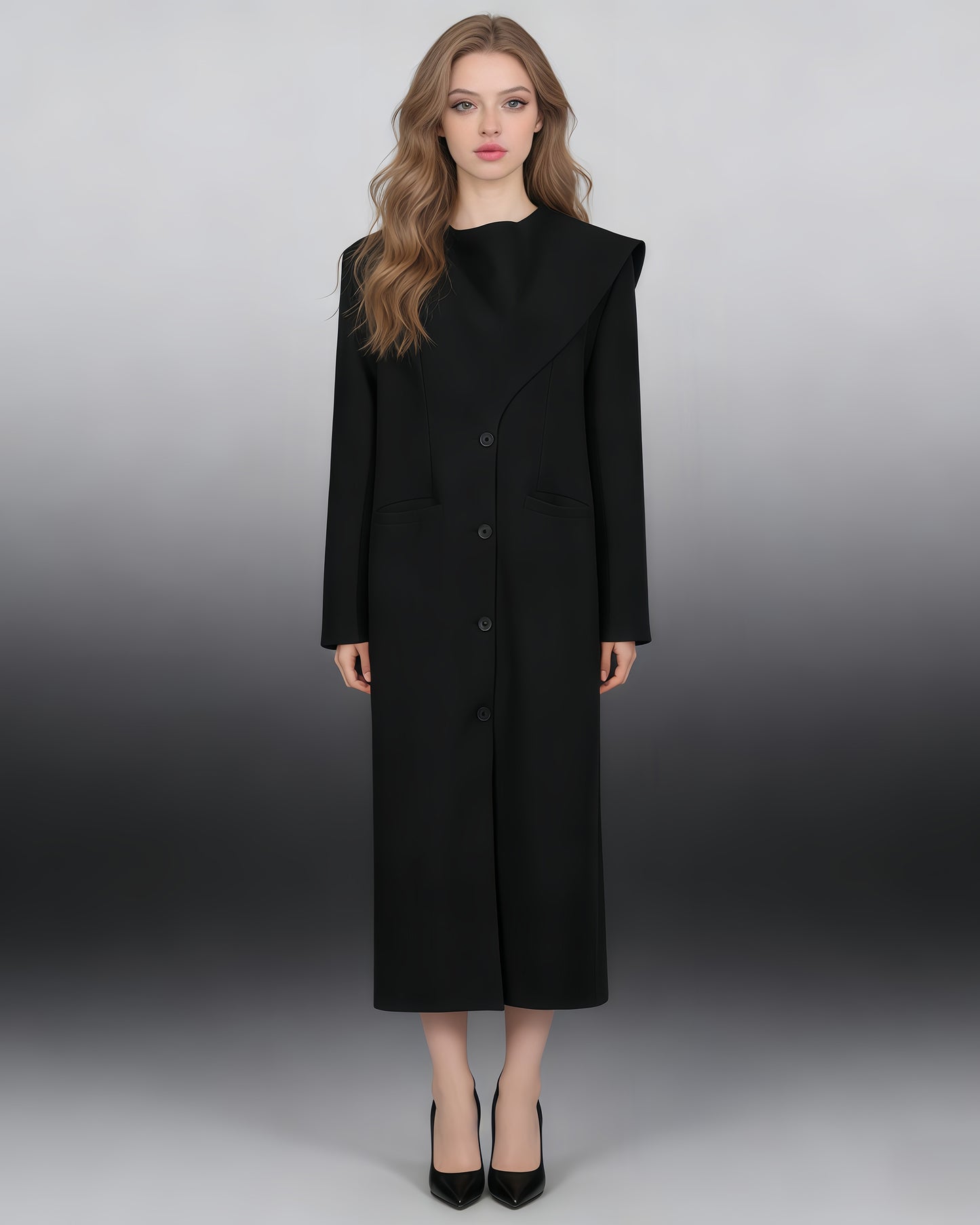 Black Asymmetrical Shoulder Longline Coat
