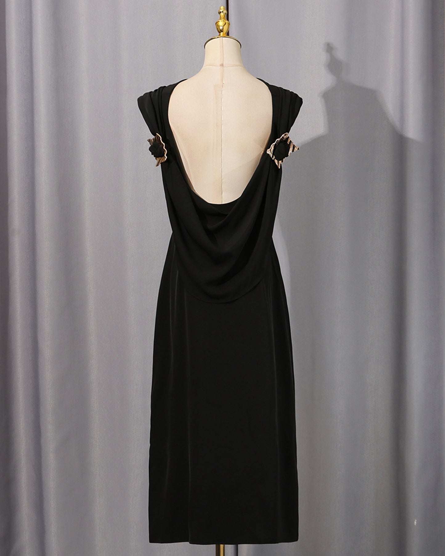 Black Backless Midi Dress with Metal Accents