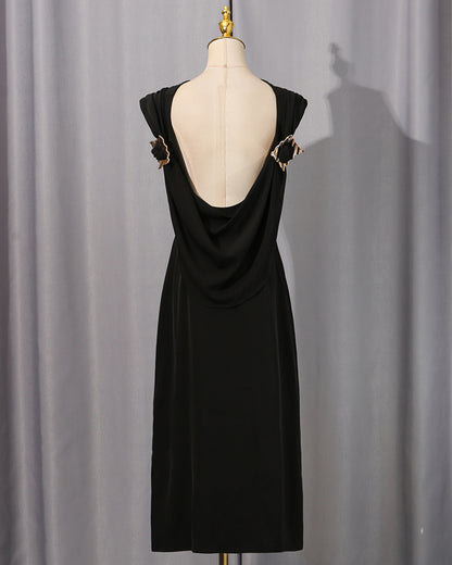Black Backless Midi Dress with Metal Accents