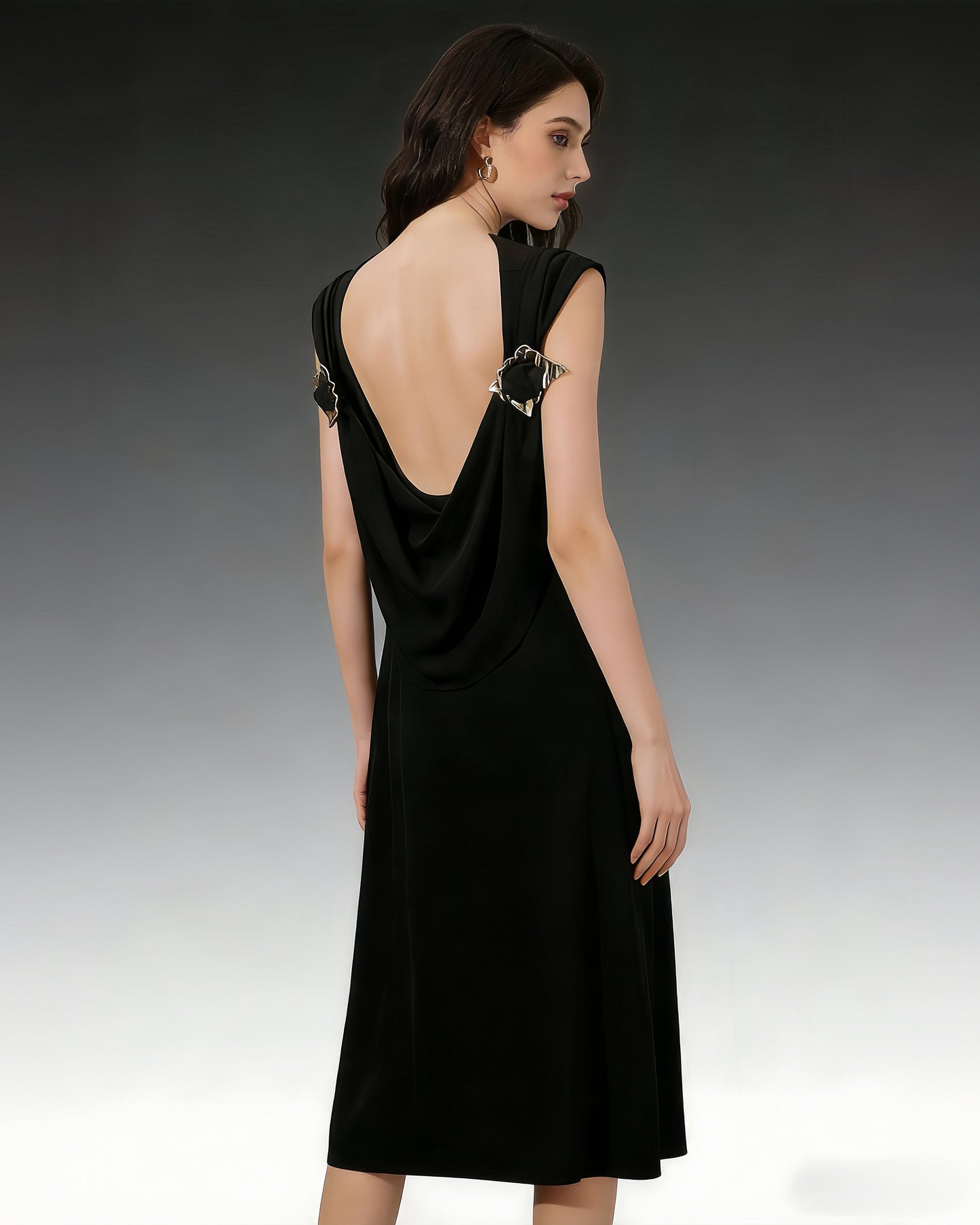 Black Backless Midi Dress with Metal Accents