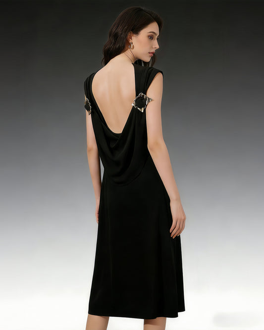 Black Backless Midi Dress with Metal Accents