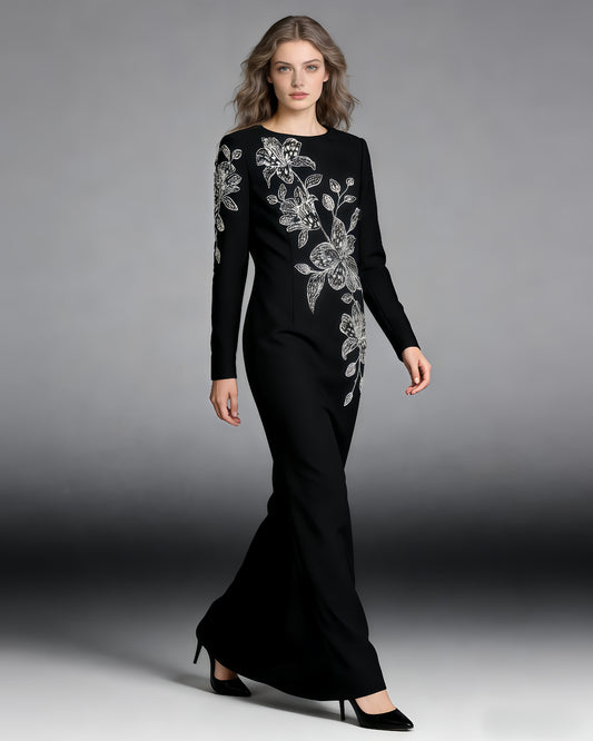 Black Beaded Floral Mermaid Gown