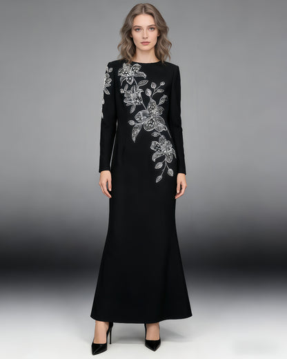 Black Beaded Floral Mermaid Gown