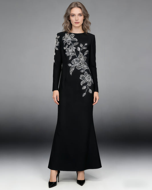 Black Beaded Floral Mermaid Gown