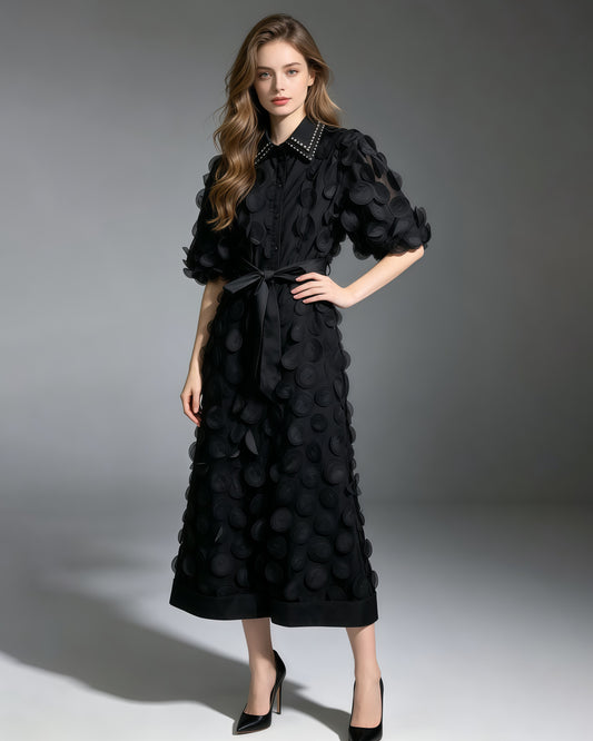 Black Beaded Lapel Tunic Belted Maxi Shirt Dress