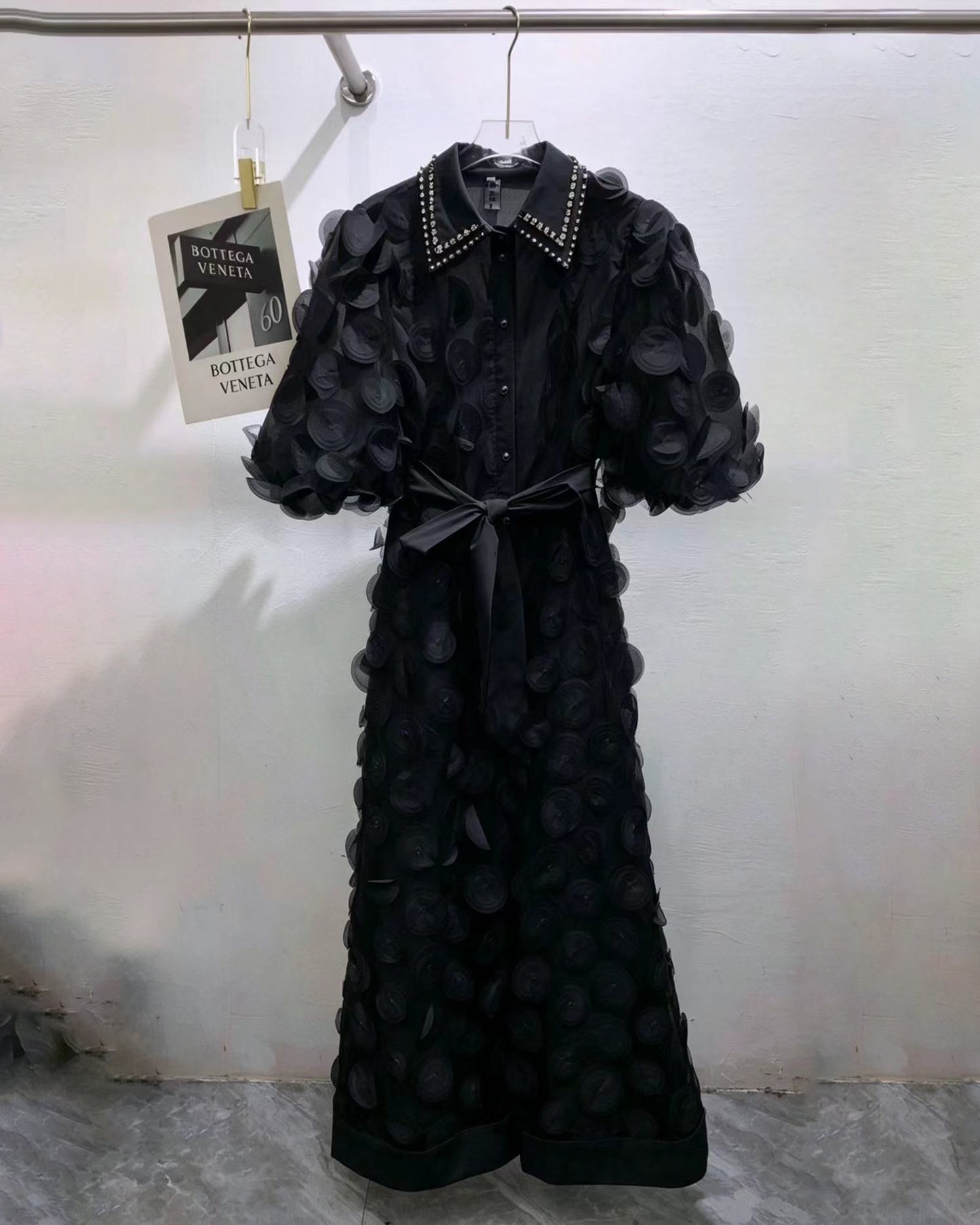 Black Beaded Lapel Tunic Belted Maxi Shirt Dress