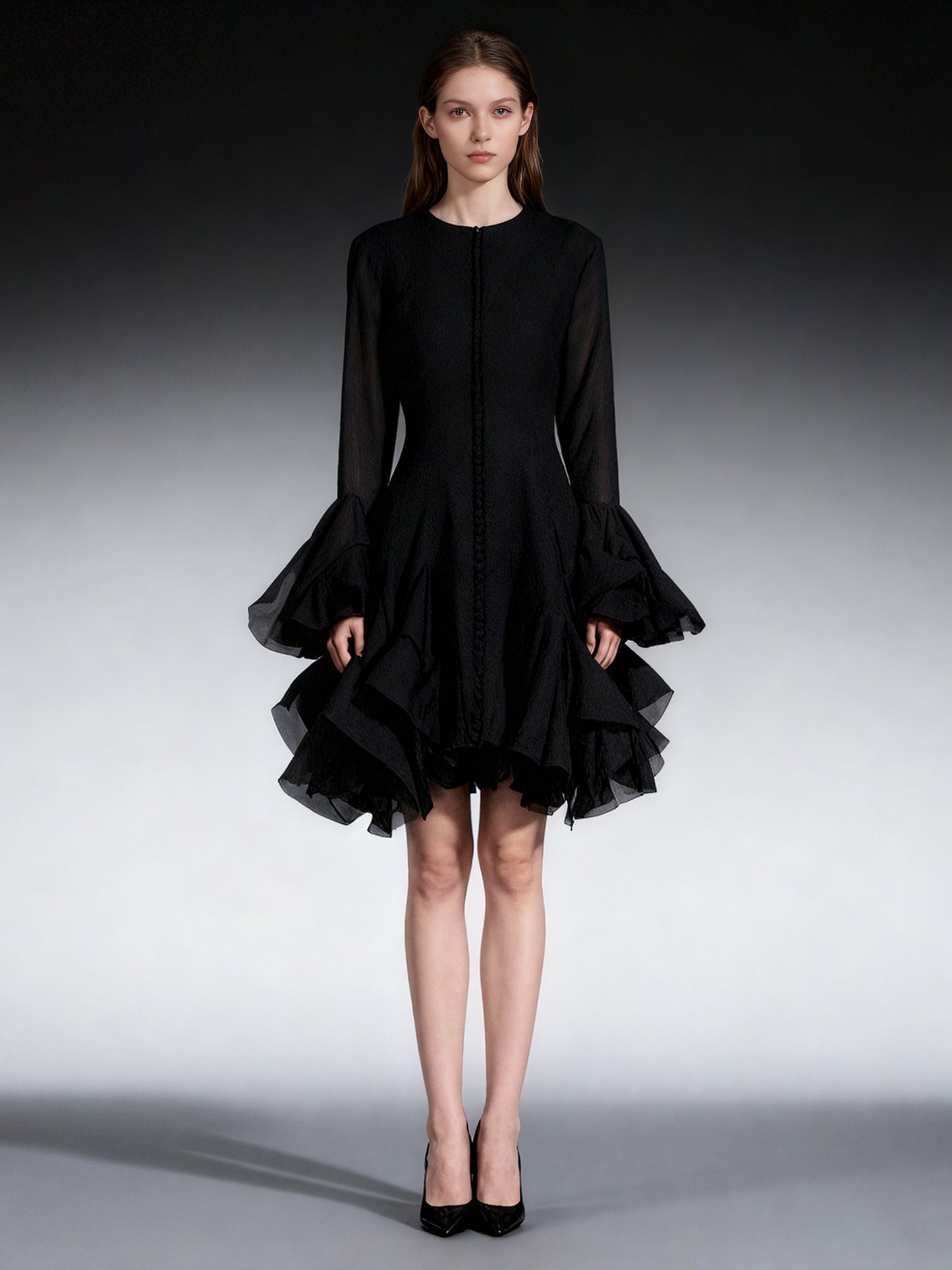 Black Bell Sleeve Ruffled Long Dress with Button Front