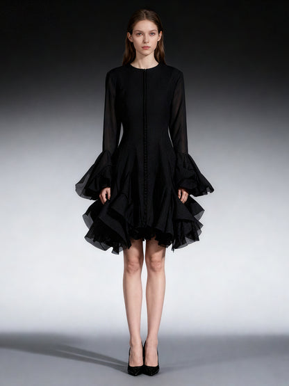 Black Bell Sleeve Ruffled Long Dress with Button Front