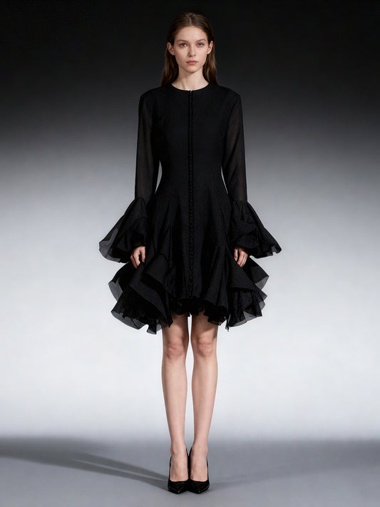 Black Bell Sleeve Ruffled Long Dress with Button Front