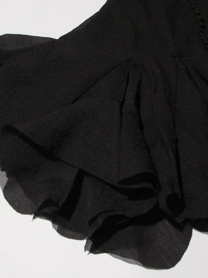 Black Bell Sleeve Ruffled Long Dress with Button Front