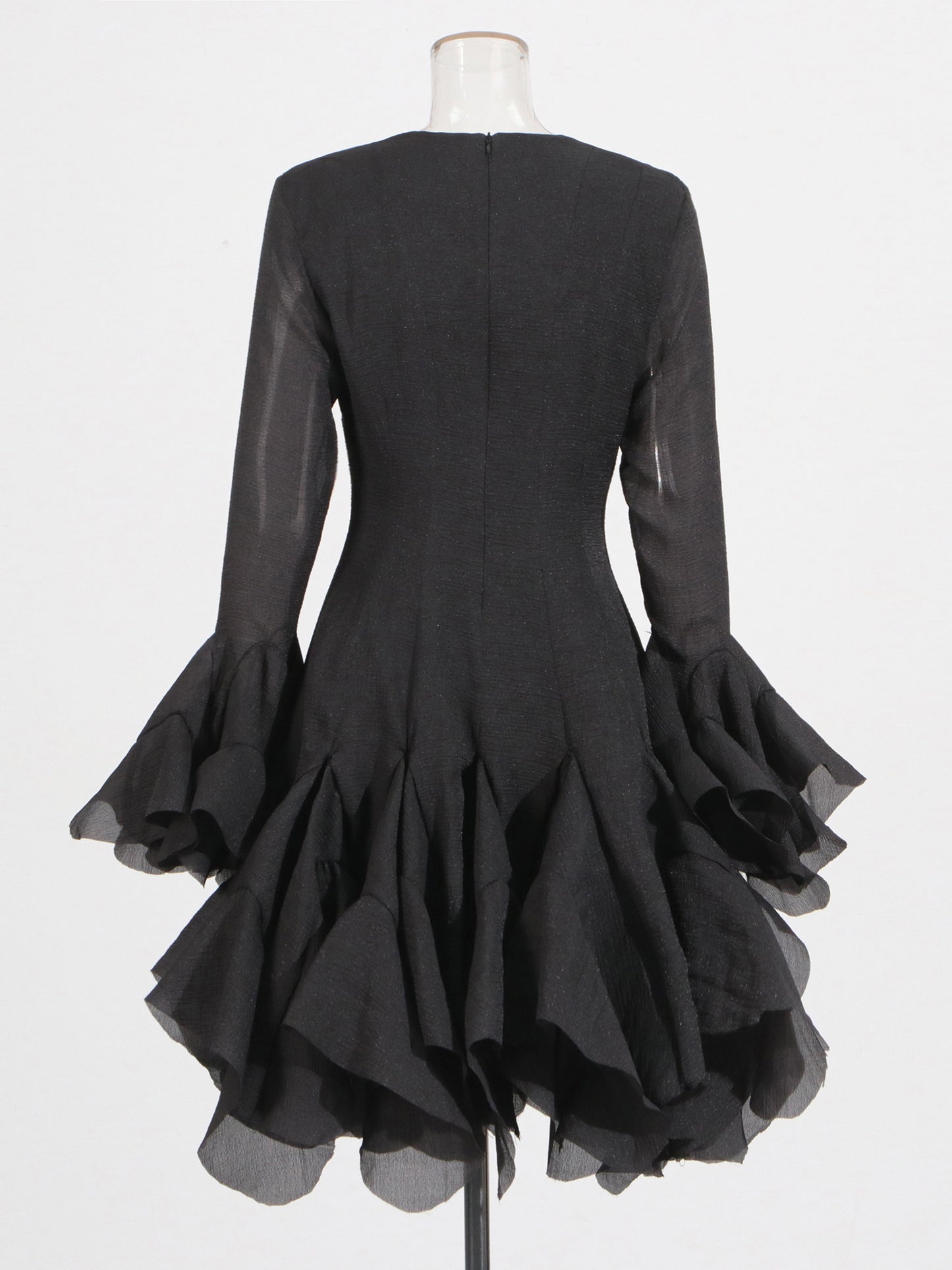 Black Bell Sleeve Ruffled Long Dress with Button Front