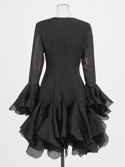 Black Bell Sleeve Ruffled Long Dress with Button Front