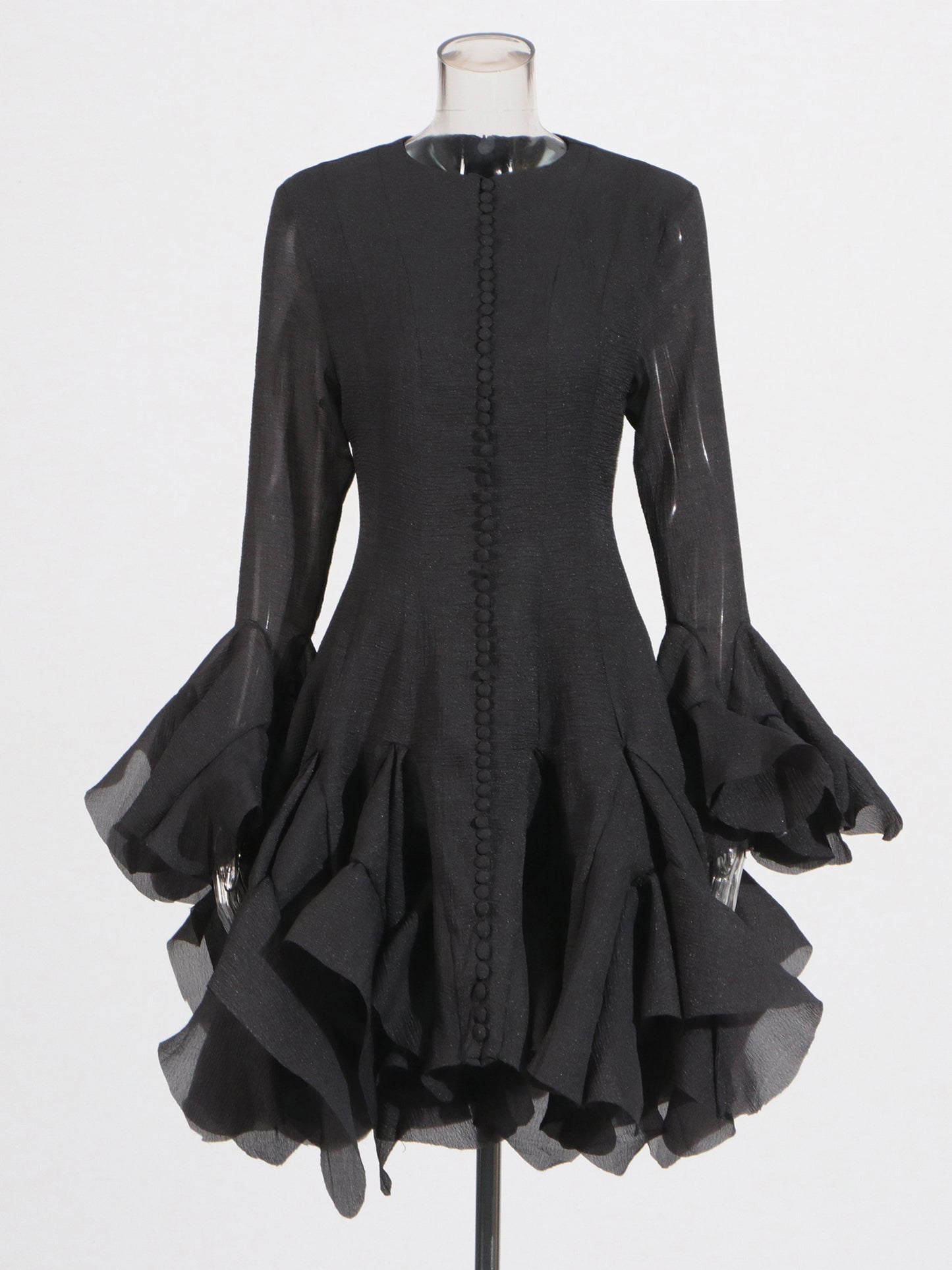 Black Bell Sleeve Ruffled Long Dress with Button Front