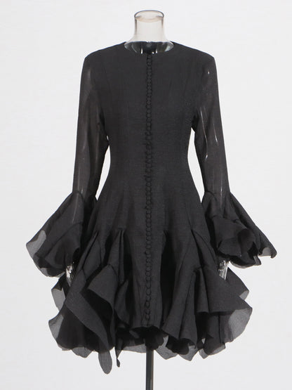 Black Bell Sleeve Ruffled Long Dress with Button Front